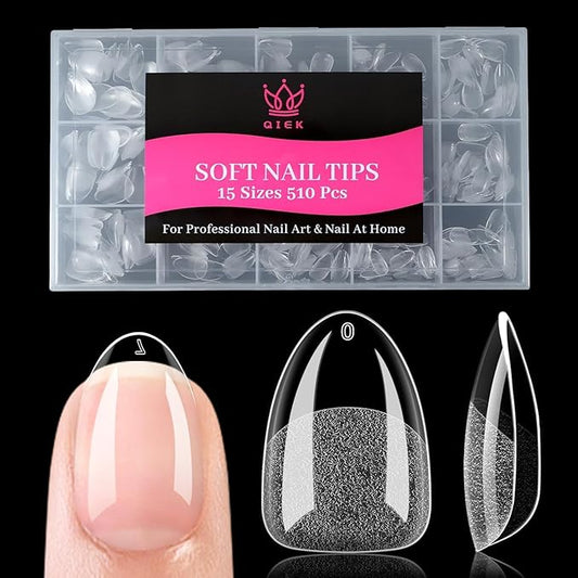 Extra Short Almond False Nail Tips, 15 Sizes 510 PCS Clear Soft Press On Fake Nail Pre-shaped Half Matte Full Cover Gel Nail Tips Extensions Thick Long Lasting for DIY Beginners & Salon Manicure