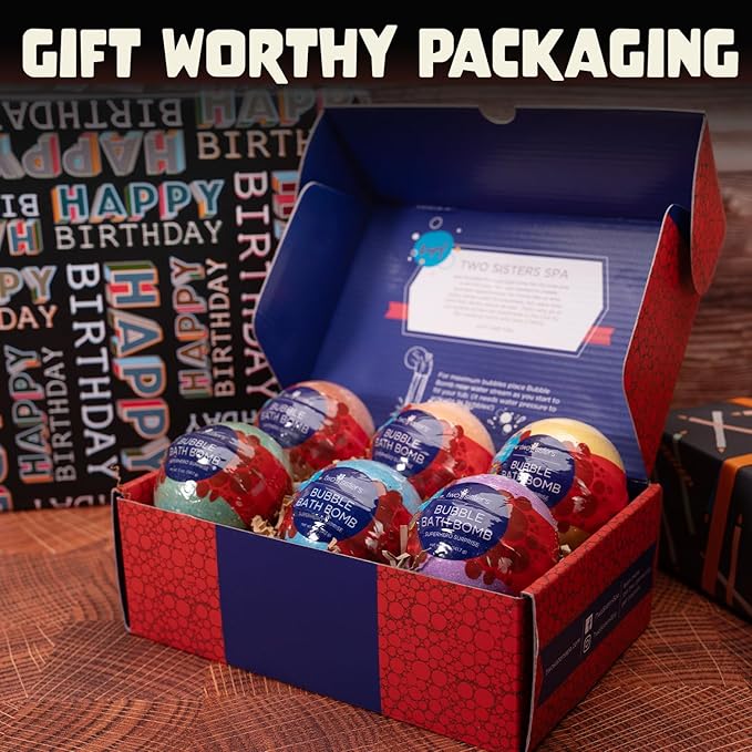 Superhero Bath Bombs for Kids with Surprise Toys Inside (6 Pack) - Large Bubble Bomb Fizzies for Boys, Girls, & Toddlers - Fruity Scents, Relaxing Aromas, Made in USA, Birthday Gift by Two Sisters