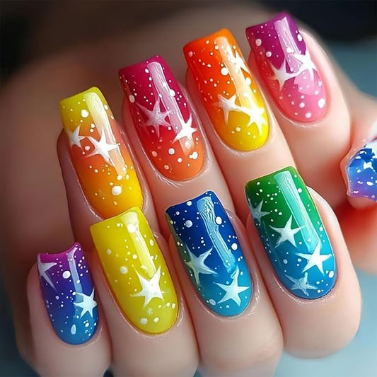 Stars Medium Square False Nails Polka Dots Press on Nails Glossy Colorful Gradient Acrylic Fake Nail24Pcs Ombre Stick on Fingernails French Tips Gel Glue on Nail for Coquette Women Girls