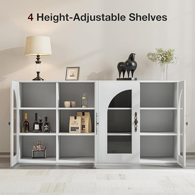 3-Layers Salon Station Free Standing Cabinet, Hair Styling Stations Salon Furniture w/Glass Doors, Bronzed Metal Handles, Wood Grains Surface, Barber Table Hair Salon Furniture(White)