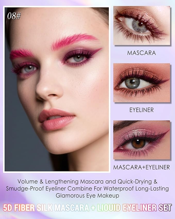 Burgundy Mascara Liquid Eyeliner Set,Update Longlasting Waterproof Color Eye Liner Pen, 5D Silk Fiber Colored Mascara Volume and Length, Christmas Party Stage Use Eye Makeup Gift Kit for Women Girl-08
