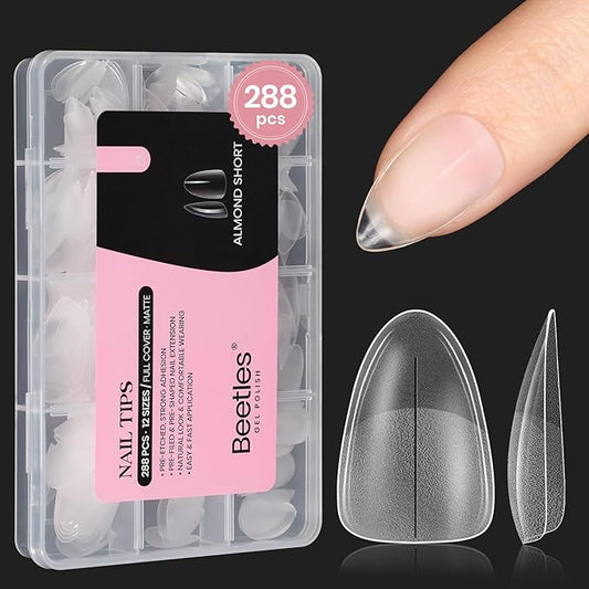 Beetles Short Almond Nail Tips - 288PCS 12 Sizes Full Matte Cover Pre-Etched & Pre-Shaped Soft Gel False Nail Tips Acrylic Nail Tips Nail Extension Tips for Gel Polish DIY Manicure