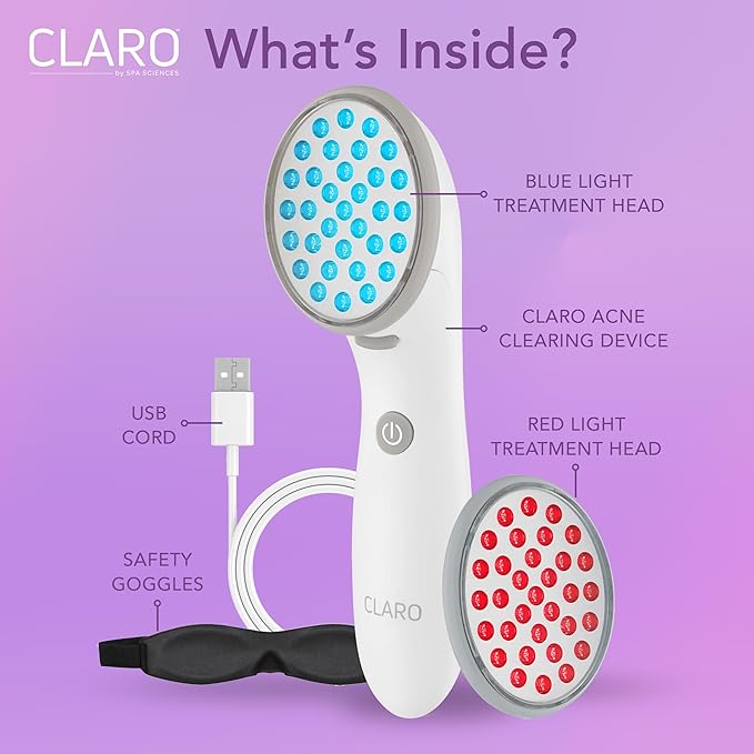 Spa Sciences CLARO Clinically Proven Blue & Red LED Acne Treatment Light Therapy System-FDA Cleared-Rechargeable- Professional Home Acne Healing/Clearing Treatment
