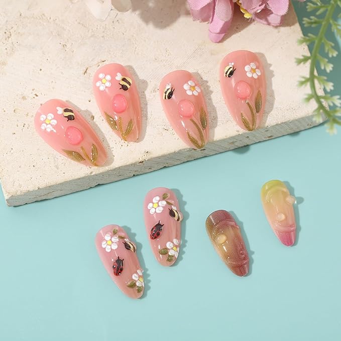 24Pcs Handmade Press on Nails Medium Almond Fake Nails with 3D Flower Bee Ladybug Designs Acrylic Nail Tips Cute Summer False Nail Artificial Glue on Nails Stick on Fingernails for Women