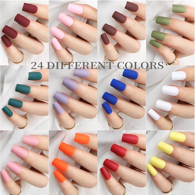 FANDAMEI Matte Press on Nails, 24 Packs 576PCS Press on Nails Medium Square Matte, Lightweight Natural Fake Nails Full Cover, False Nails with Glue