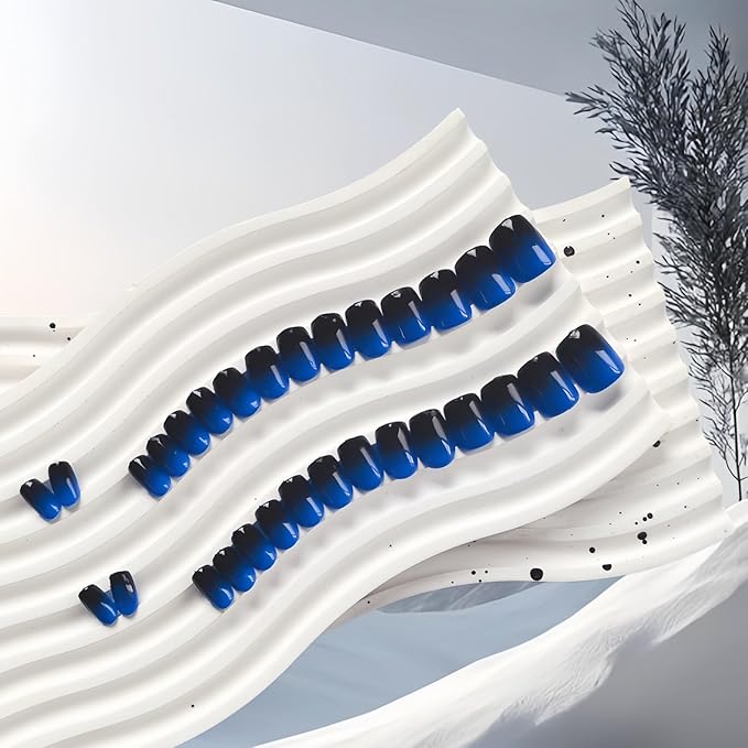 KQueenest Ombre French Press on Nails Short Square, Dark Blue Black Fake Nails Short Coffin, Gradient Color Acrylic Nails Press Ons, Soft Gel Glue on Nails for Women Decoration in 30 Pcs