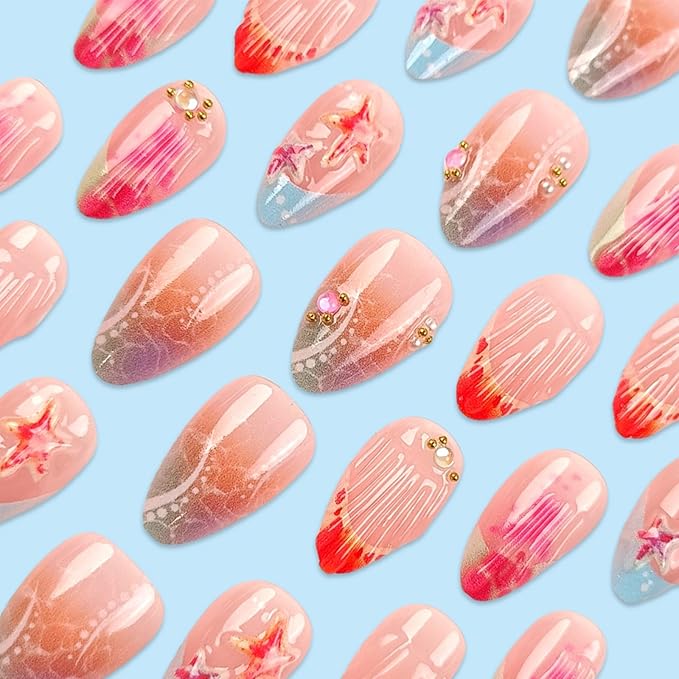 30Pcs Summer Press on Nails French Tip Medium Almond Fake Nails with 3D Starfish Designs Summer Beach False Nails Rhinestone Glue on Nail Handmade Full Cover Acrylic Nails for Women