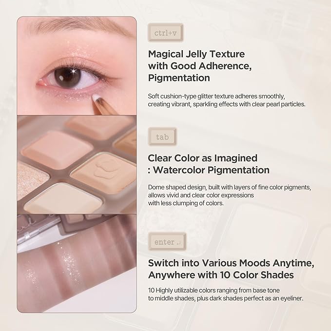 lilybyred Mood Keyboard | 10-Shade Korean Eyeshadow Palette, Highly Pigmented, Matte, Shimmer & Jelly Glitter, Smooth. Blendable, Long-Lasting, Dome-Shaped Design, 0.37 oz. (10 Milky Cherry Recording)