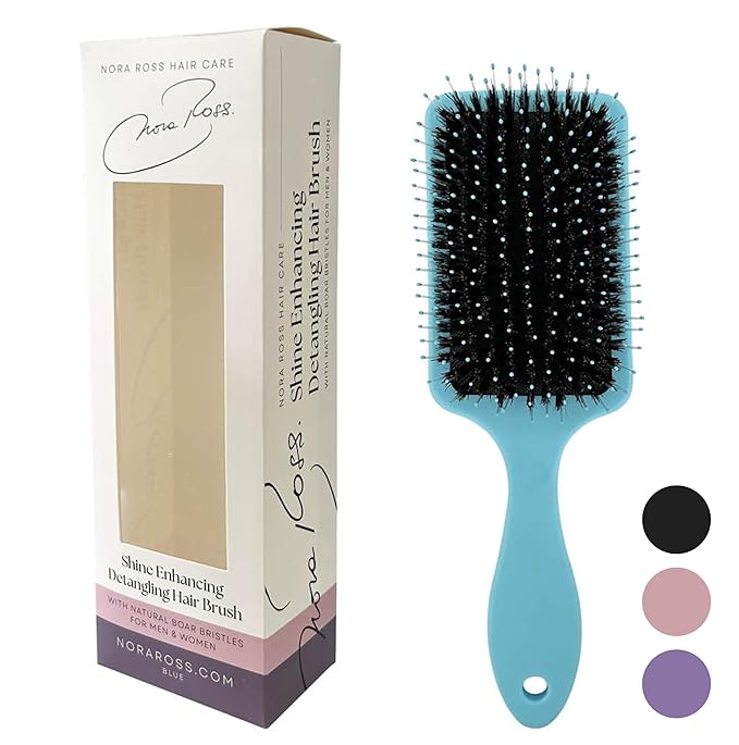 Nora Ross Boar Bristle Hair Brush for Shine & Smoothness – Gentle Detangler Boar Bristle Brush for Women & Men w/Sensitive Scalp & Fine Hair – Slick Back Hairbrush for Frizz-Free Hairstyle (Pink)