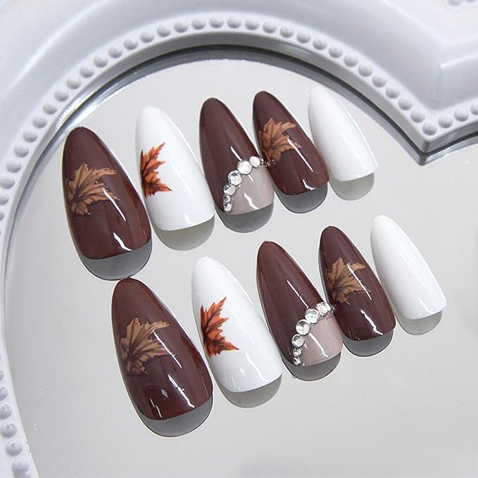 Thanksgiving Press on Nails 24Pcs Maple Leaves Medium Almond False Nail Rhinestones Gel Glue on Fingernails Glossy Brown French Stick on Nail Acrylic Full Cover Fake Nails for Holiday Manicure Art