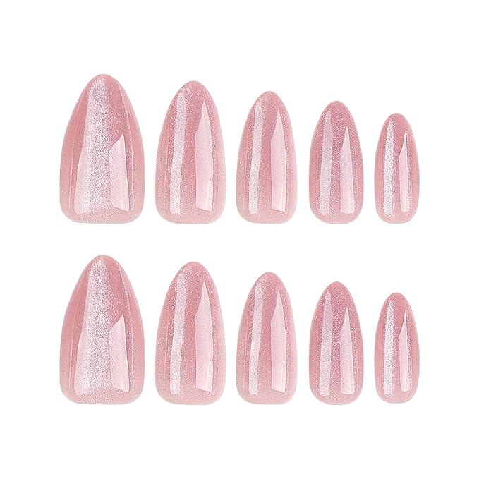 Nude Pink Glitter Cat eye Press-On Nails – 24 Long Oval Nails, 12 Sizes, Glossy Sparkly Design, Elegant & Long-Lasting, Includes Tool Kit, Easy DIY