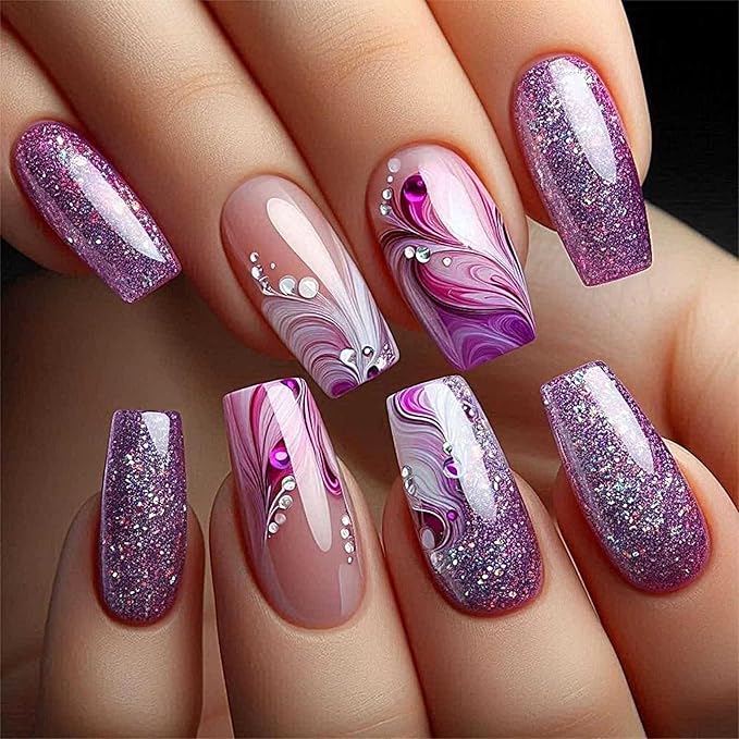 Long Fake Nails Square Press on Nails Coffin Shape Artificial Nails with Design Full Cover Nails for Women and Girls