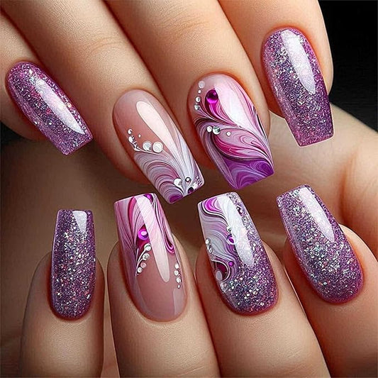 Long Fake Nails Square Press on Nails Coffin Shape Artificial Nails with Design Full Cover Nails for Women and Girls