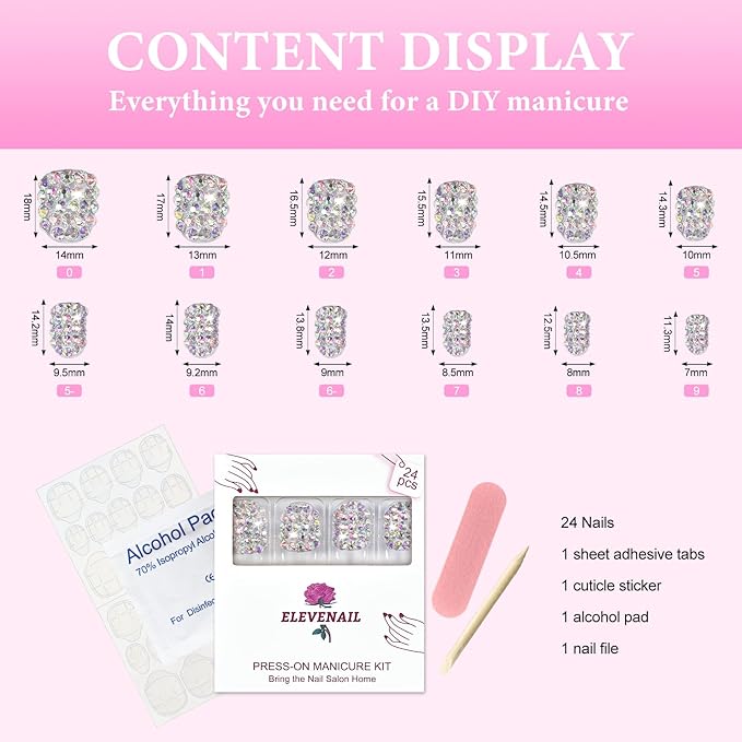 24pcs Handmade 3D Rhinestones Press On Nails Square Short Nails Women Girls Gifts Salon Manicure Shiny Crystal Nail Art Tips Fake Nails Reusable Acrylic False Nails