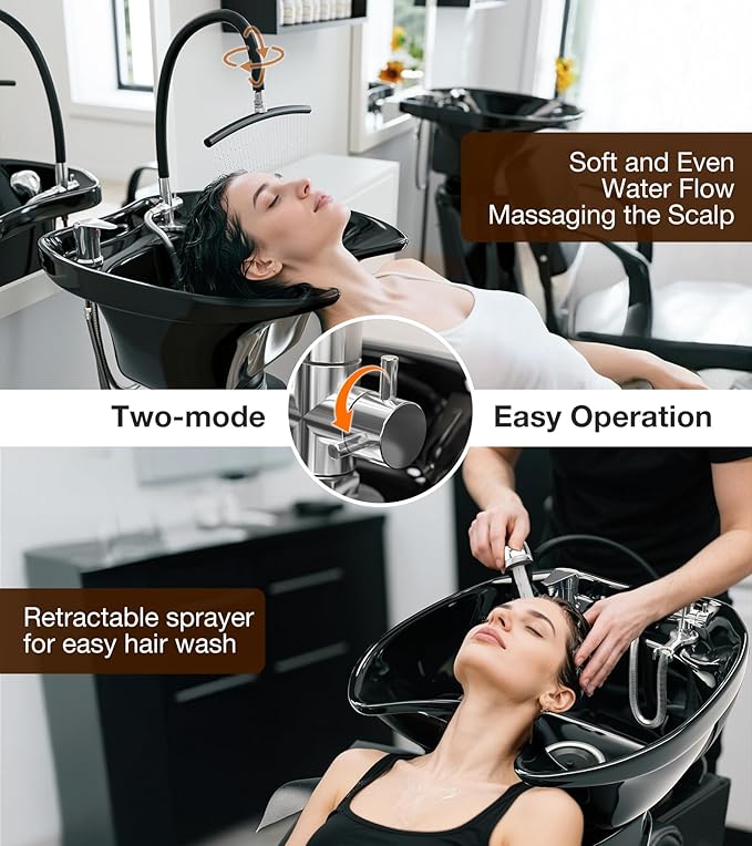 SyyBhb Shampoo Chair and Bowl Set of 2 for Salon, Head Spa Waterfall and Sprayer, Tilting ABS Bowl, Distance Adjustable Seat, Barbershop Spa Equipment