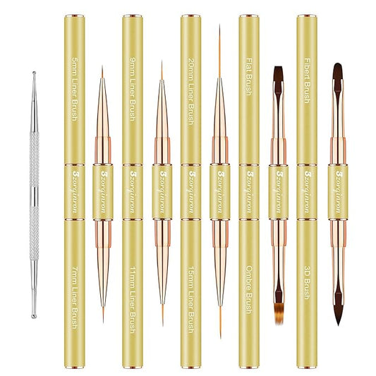 Nail Art Brushes for Nail Art, Professional 5Pcs Double-Ended Acrylic Nail Brush Set for Details, Long Lines, Ombre & 3D Design-Perfect for DIY Manicures & Salons (Gold)