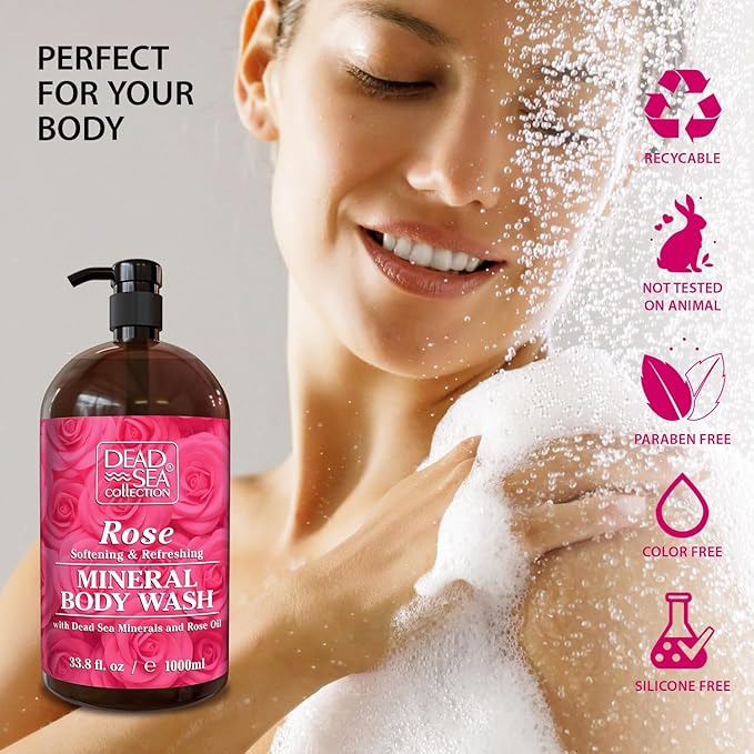 Dead Sea Collection Rose Body Wash for Women and Men - with Pure Dead Sea Minerals and Rose Extract - Cleanses and Moisturizes Skin - Pack of 2 (67.6 fl. oz)