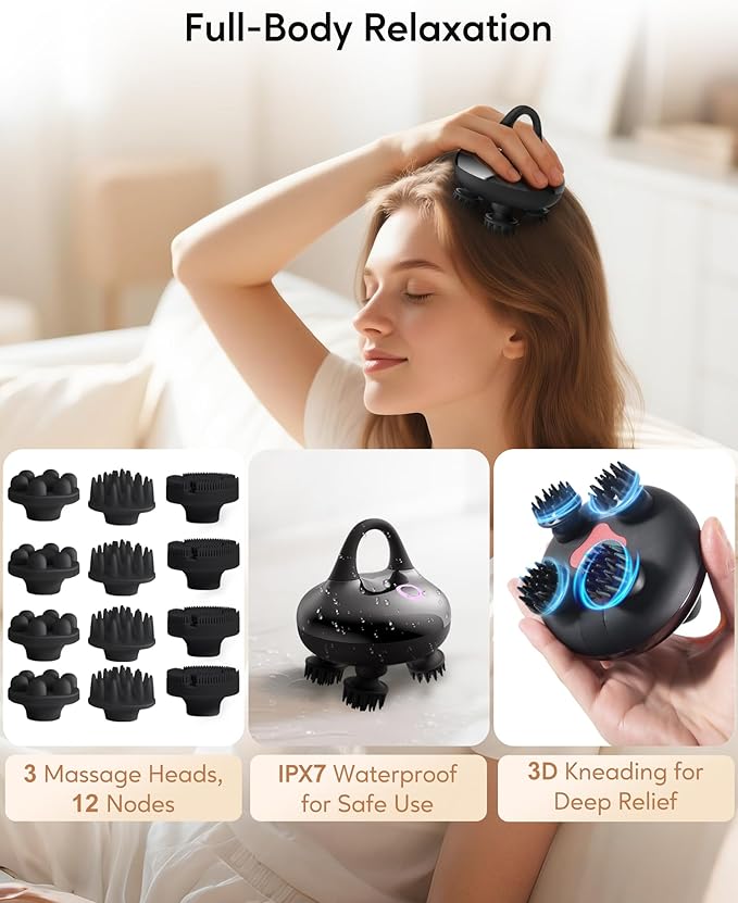 arboleaf Electric Scalp Massager Kneading Head Massager Scalp Stress Relax, Portable 6 in 1 Hair Massage with 12 Removable Massage Claws, Recharagable Head Stratcher, Gift for Mom Dad