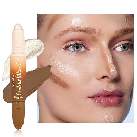 Contour Highlighter Stick，2in1 Dual-Ended Cream Bronzer&Highlighter Sticks for Face Body Contouring Makeup- Buildable，Waterproof, Easy to Apply Suitable for Beginners，05Nuetral Nude+Silver Shimmer