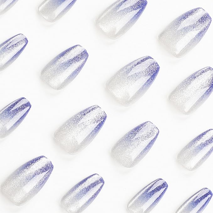 24pcs Short Press On Nails, Coffin Shape, Blue, Glossy, Cat's Eye Designs, Full Cover, Plastic Material, Quick On, Full Well Tips, False Nails, Art Deco Style
