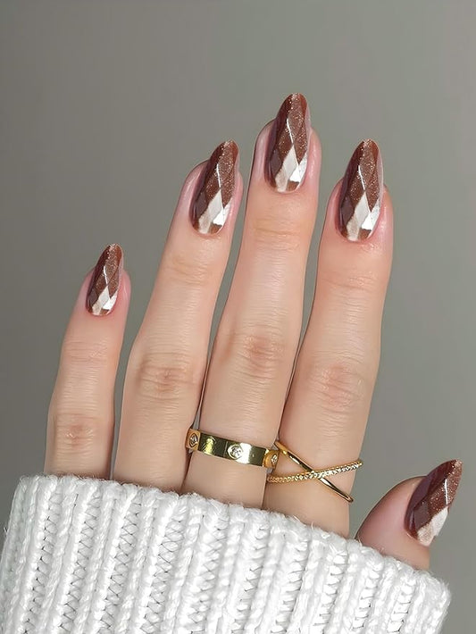 Medium Press on Nails Almond Diamond Fake Nails Elegant False Nail Brown Stick on Nails for Women 24pcs