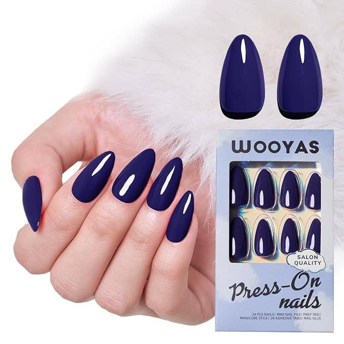 Purple Press on Nails Almond,Wooyas Medium Handmade Gel False Nails Eggplant Purple Color，Reusable Salon Perfect Fake Nails in 12 Sizes - 24Pcs Glue On Nails Kit for Women Gifts(INDIGO BLUE)