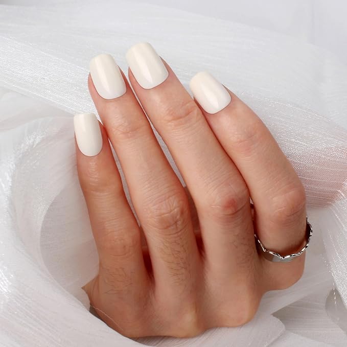 Short Press On Nails Square – 30PCS Glossy Creamy White Shade Fake Nails, Minimalist Acrylic Stick On Nails Kit with Glue & Tools, Natural False Nails for Everyday Wear