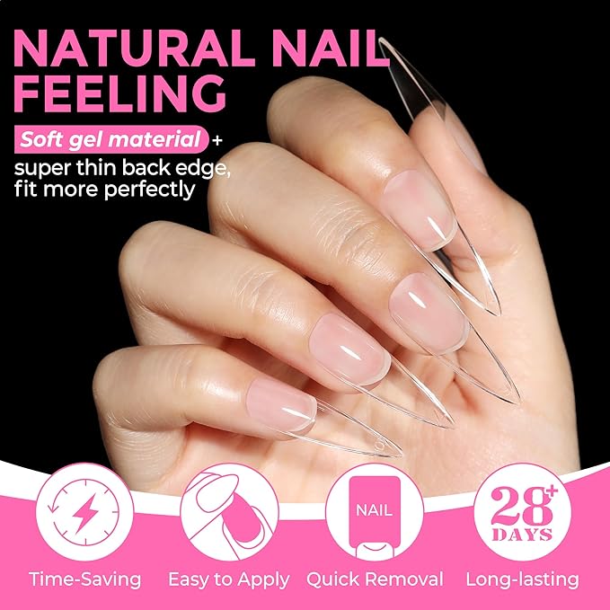 UNA GELLA Long Stiletto Gel Nail Tips: 216pcs Halloween Stiletto Almond Fake Nails Pre-Shape Long Almond Press Ons for Full Cover Acrylic French False Nails for Nail Extension DIY Salon 12 Sizes