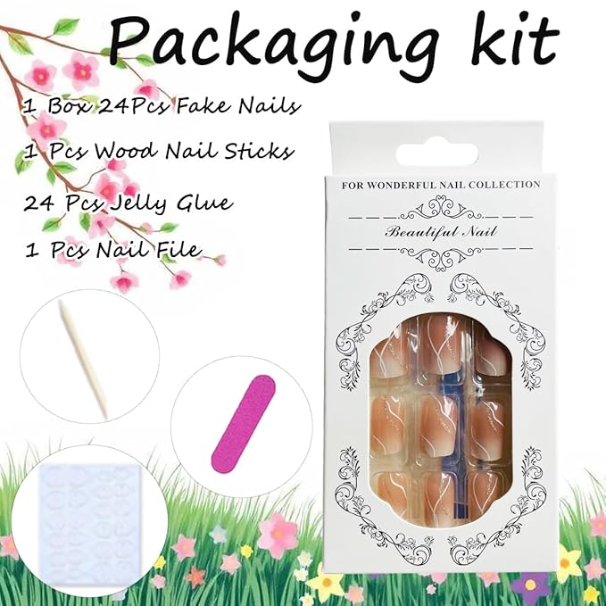 Medium Press on Nails Square Fake Nails Gradient Pink Stick on Nails White Wave Line Acrylic Nails with Silver Designs Full Cover Glue on Nails Reusable Nude False Nails for Women Girls Nail Art Decor