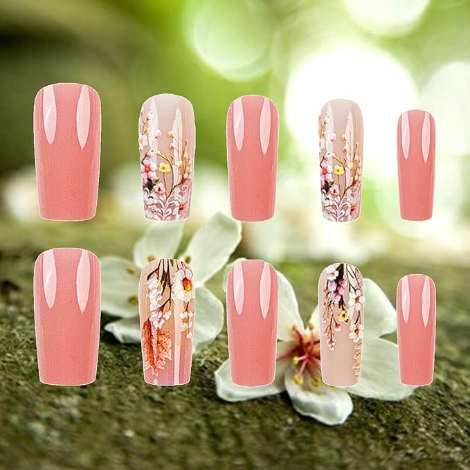 24Pcs Spring Flower Press on Nails Glossy Pink Gradient Fake Nails Medium Coffin Acrylic False Nails Wild Flowers Stick on Nails Dandelion Gel Glue on Nails for Coquette Women Girls