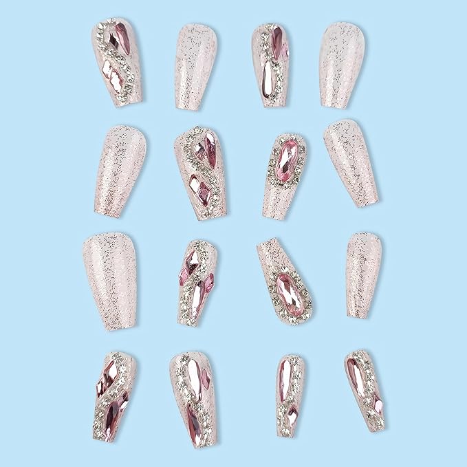 BABALAL Luxury Press on Nails Long Coffin Fake Nails Pink Glitter Glue ons Nails Rhinestone Full Cover Acrylic Nails 24Pcs Bling Stick on False Nails Ballerina Nails Press on
