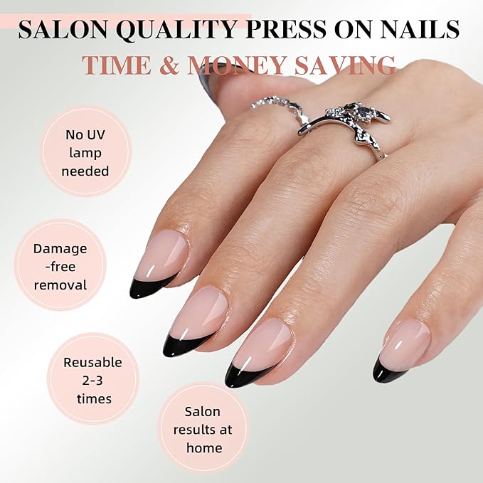 French Tip Press on Nails, Short Press on Nails Almond Reusable Glossy Soft Gel False Nails Black Press ons for Women, 16 Sizes 32 Count Nails Kit with Glue (SV-02)