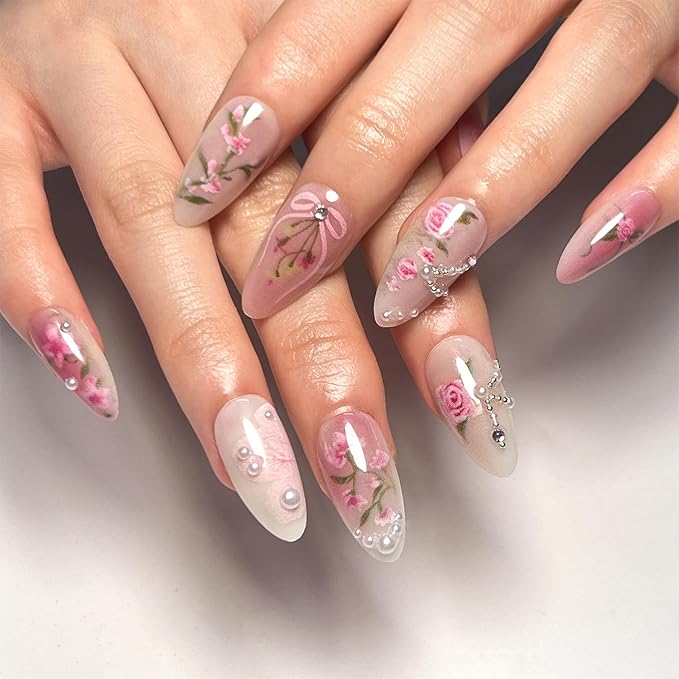 Peach Blossom Press on Nails Short Medium Almond Fake Nails with 3D Pearl Diamond Designs Pink Flower Full Cover Stick on Nails Pink White Gradient Glossy Acrylic False Nails for Women 24Pcs
