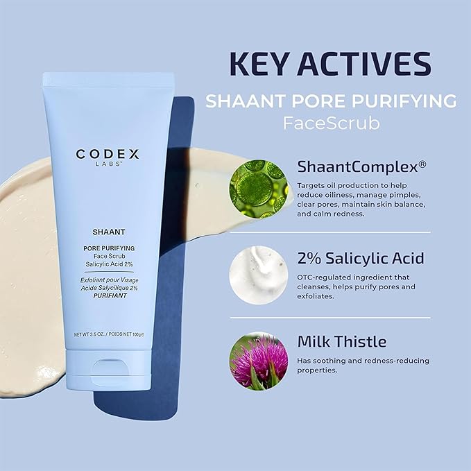 Codex Labs Shaant Deep Cleanse & Tone Kit, Pore Purifying Scrub (100g) & Refining Toner (100ml) - Oil Control & Pore Minimizer - for Acne Prone Skin - with 2% Salicylic Acid, 2% Gluconolactone (PHA)