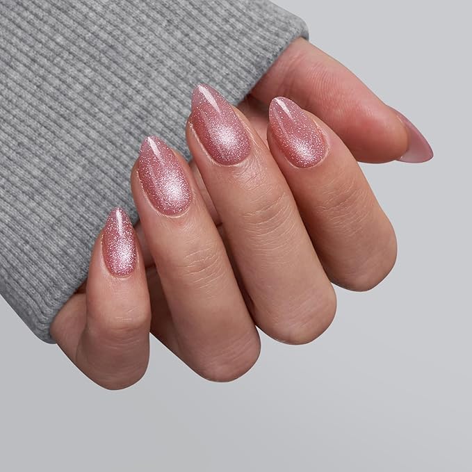 BTArtbox Press On Nails Short - Lamp-Curable Pink Cat Eye Almond Press On Nails with Glue for Women, Semi-Transparent Soft Gel Glue On Nails in 16 Sizes - 32 Stick On Nails Kit, Spring Charm