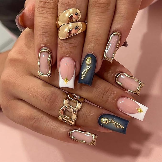 24Pcs Gold Gilding Press on Nails Medium Square French Tip Fake Nails with Glitter Star Rose Design Exquisite 3D Flower False Nails Full Cover Artificial Glue on Nails Spring Stick on Nails for Women