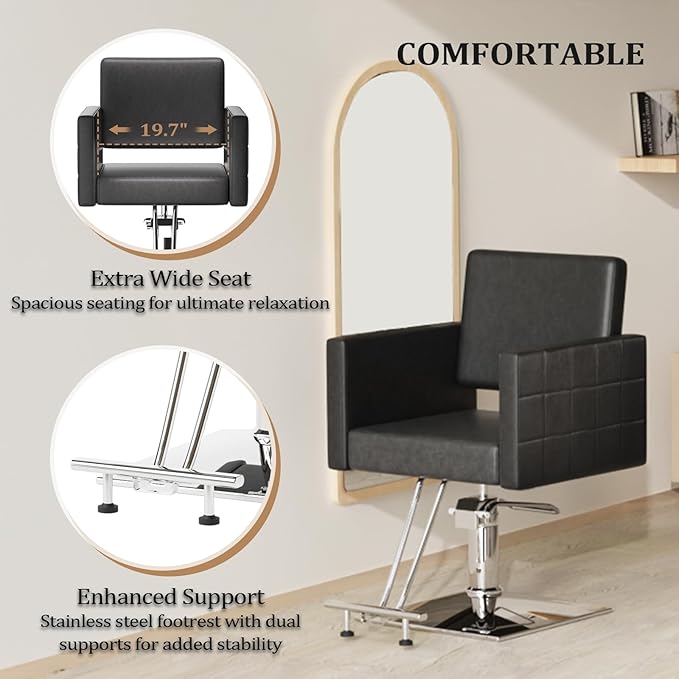 mefeir Black Barber Chair Hair Salon Chair with Heavy Duty Hydraulic Pump, Square Base, Stainless Steel Footrest,Styling Chair for Beauty Spa Hairdressing Braiding