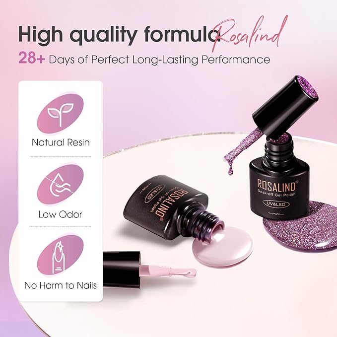 ROSALIND Pink Purple Gel Nail Polish Set, 8 Colors Pink Glitter Gray Gel Polish, Gentle Pink Elegant Purple Classic Gel Polish Collection Nail Art Gift DIY at Home