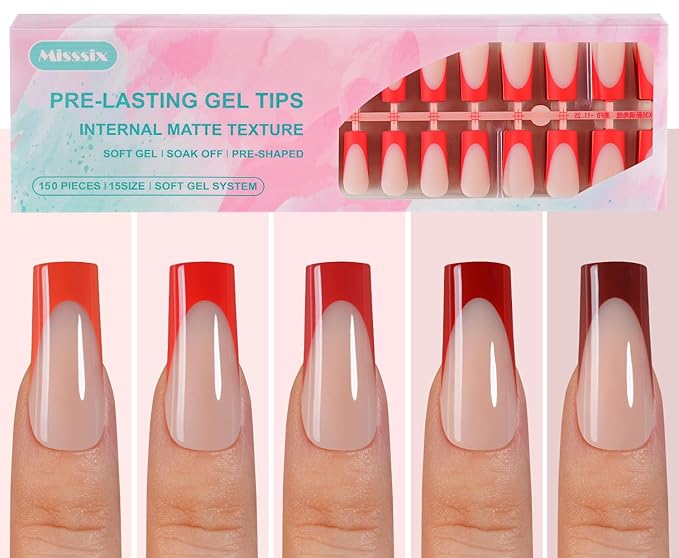 Misssix French Gel Nail Tips, 150Pcs Red French Tip Press on Nails Long Square, No Need to File Tips Pre-lasting, Fake Nails for Nail Art DIY 15 Sizes