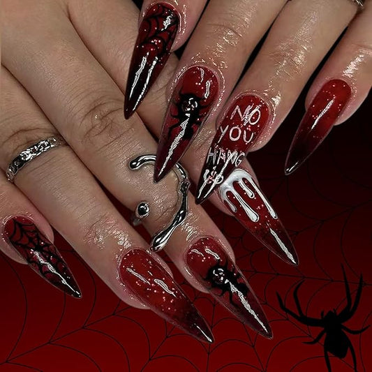 Halloween Press on Nails Long Almond Fake Nails Dark Red False Nails Black Spider Web White Dripping Blood Design Gradient Glue on Nail Glitter Stick on Nail for Women Decor Manicure Supplies