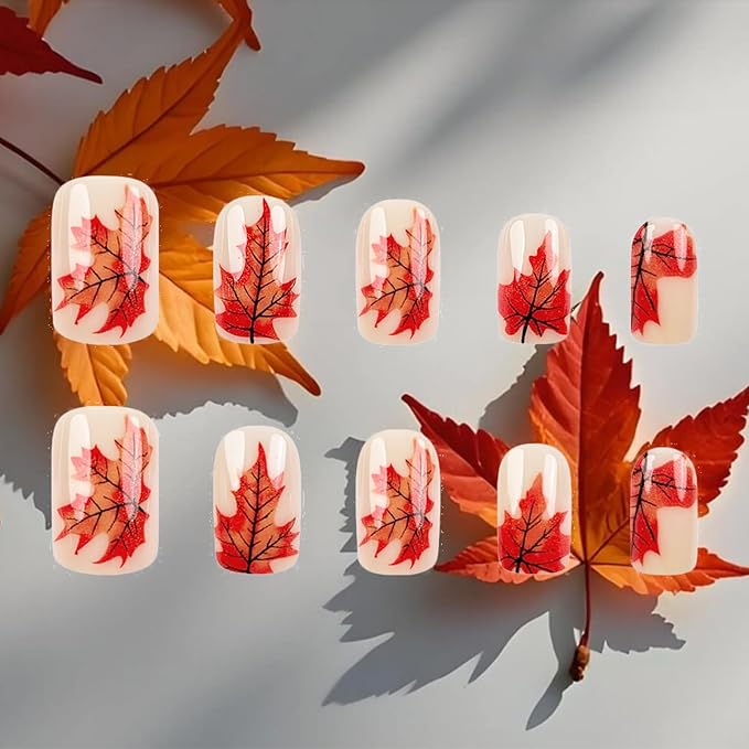 24Pcs Fall Leaves Stick on Fingernails Sparkly Maple Leaf Press on Nails Thanksgiving Medium Square False Nails Glossy Gold Glitter Acrylic Fake Nail Autumn Gel Glue on Nail for Coquette Women Girls