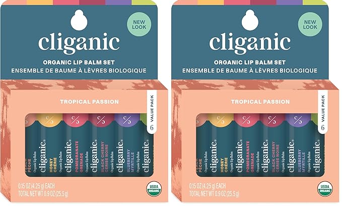 Cliganic Organic Lip Balm Set - 6 Tropical Flavors - 100% Natural Moisturizer for Cracked & Dry Lips (Pack of 2)