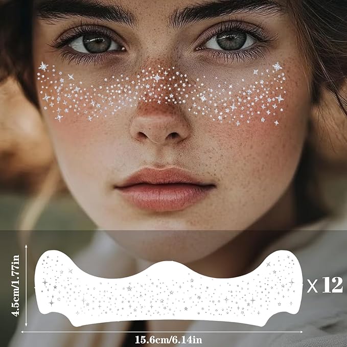 Glitter Freckles, Holographic Face and Body Glitter Tattoo Sparkle for Women Gold Glow Cosmetic Star Makeup Accessories for Festival Rave (12pcs Silver)