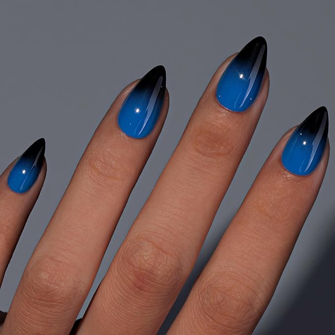 KQueenest Halloween Press On Almond, Ombre Blue Black Press On Nails Short Stiletto, Dark French Fake Nails With Glue, Gradient Glue on Nails with Design, Reusable Stick on Nail for Women, 30 Pcs