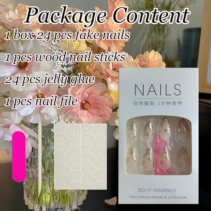 24Pcs Gold French Tip Press on Nails Short Almond Fake Nails 3D Gold Irregularity Chrome Acrylic Nails Star Moon False Nails French Nails Tip Glue on Nails Nude Stick on Artificial Nails for Women