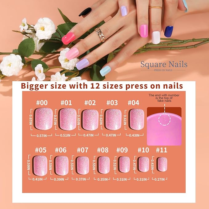 Teenitor 24Pack Short Press On Nails, 576Pcs Short Square Press On Nails, Matte Glossy Glitter French Nails, 12 Sizes Fake Nails With Glue