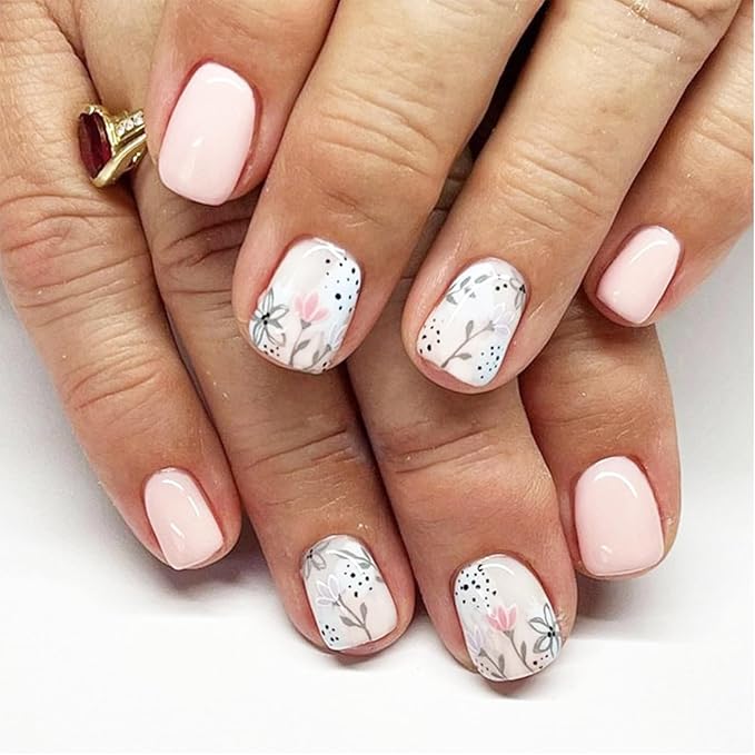 Square Press on Nails Short Fake Nails Full Cover Glossy Acrylic Nails with Designs Natural Nude False Nails Spring Flower Stick on Nails Reusable Pink Glue on Nails for Women DIY Manicure