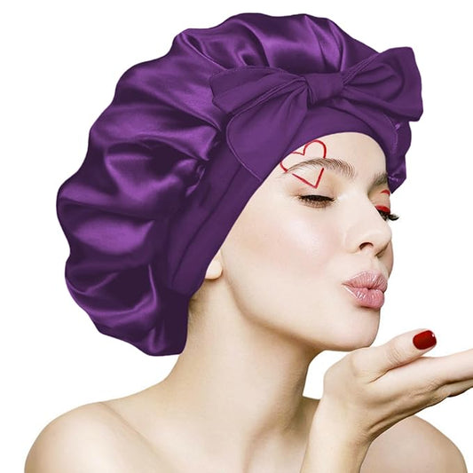Silk Bonnet for Sleeping Women, Ajustable Hair Bonnet for Curly Hair with Tie Band Shower Caps Lilac，Large
