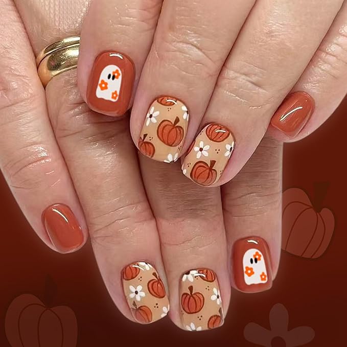 Halloween Press on Nails Short Square False Nails Orange Fake Nails White Flower Ghost Pumpkin Design Glossy Spooky Stick on Nail Reusable Holiday Glue on Nail for Women Decor Set