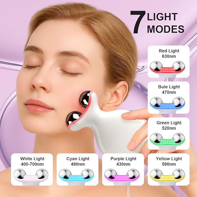 Microcurrent Facial Device, 7 Colors for Fading Fine Lines on Neck and Tightening Skin, Facial Wrinkle Removal Device, Smart Photon Micro-Current Device, White
